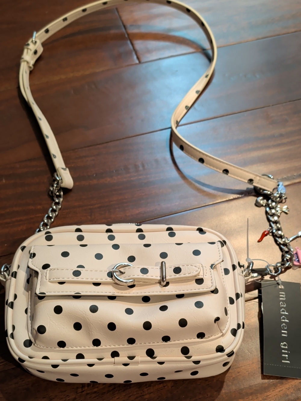Madden Girl Cream Crossbody Bag with Black Polka Dots
